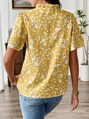 LUNE Allover Print Notched Neckline Blouse