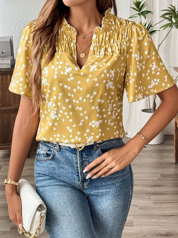 LUNE Allover Print Notched Neckline Blouse