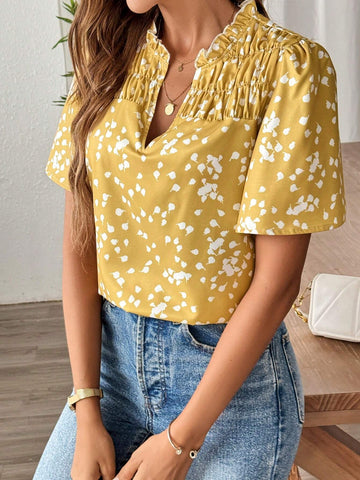 LUNE Allover Print Notched Neckline Blouse