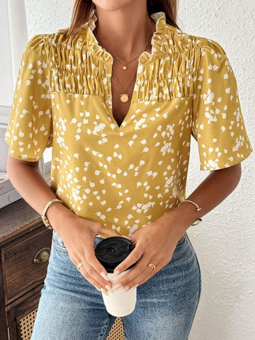 LUNE Allover Print Notched Neckline Blouse