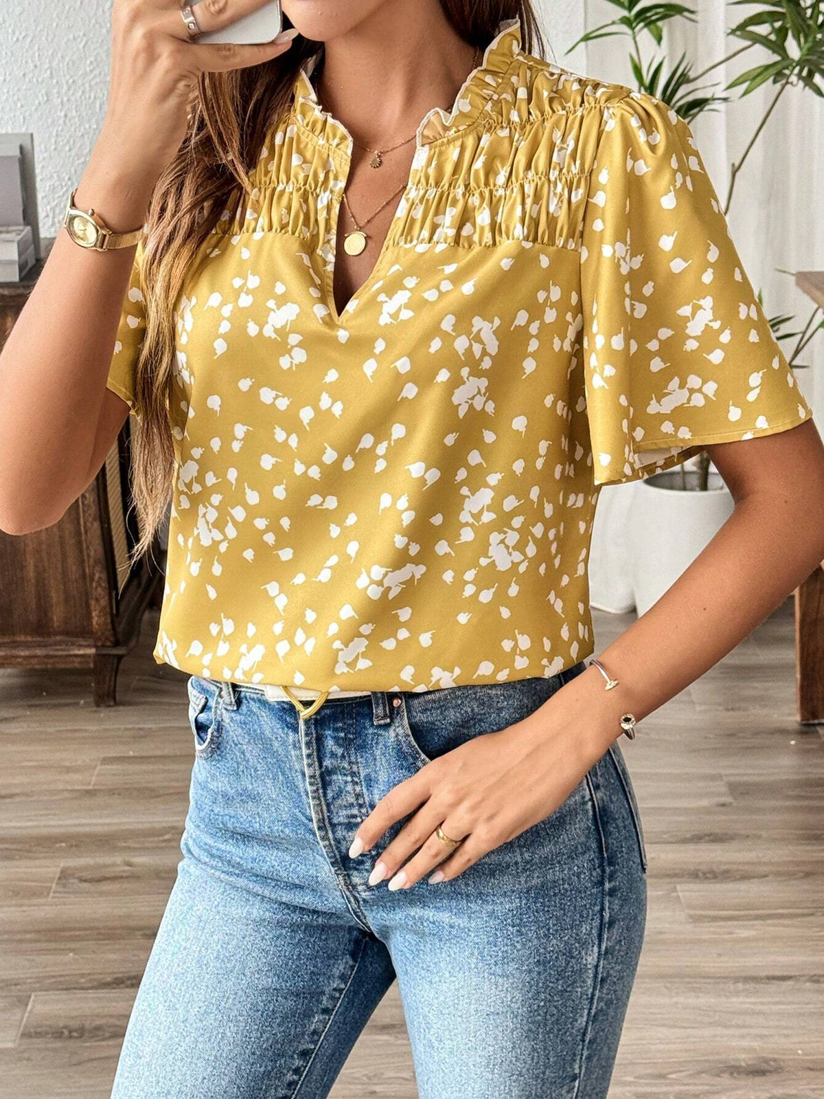 LUNE Allover Print Notched Neckline Blouse