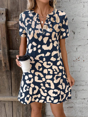 Allover Print Notched Neckline Dress