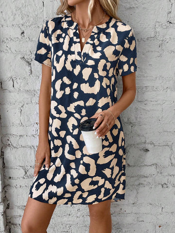 Allover Print Notched Neckline Dress
