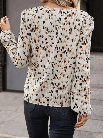 Allover Print Notched Neckline Lantern Sleeve Blouse