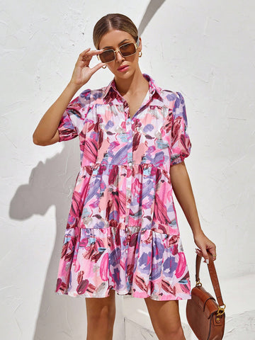 Allover Print Puff Sleeve Ruffle Hem Smock Dress