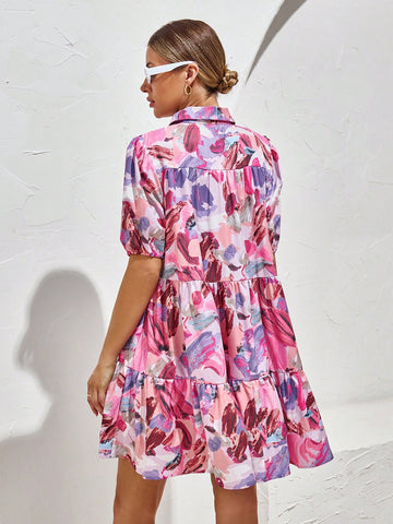 Allover Print Puff Sleeve Ruffle Hem Smock Dress