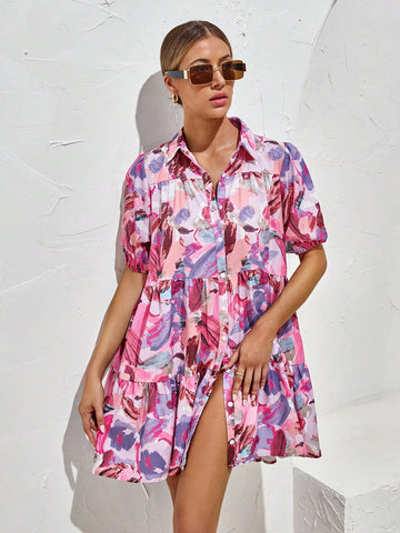 Allover Print Puff Sleeve Ruffle Hem Smock Dress