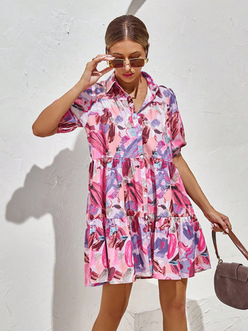 Allover Print Puff Sleeve Ruffle Hem Smock Dress