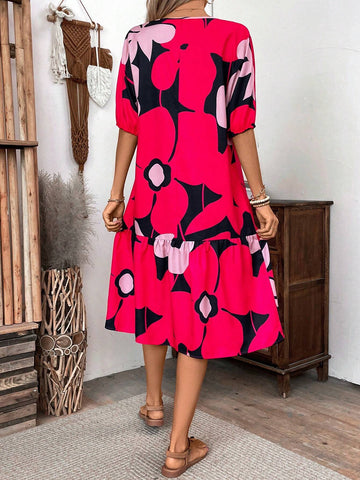 Allover Print Ruffle Hem Smock Dress For Summer Vacation