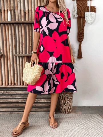 Allover Print Ruffle Hem Smock Dress For Summer Vacation