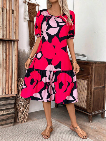 Allover Print Ruffle Hem Smock Dress For Summer Vacation