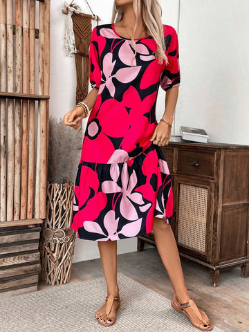 Allover Print Ruffle Hem Smock Dress For Summer Vacation