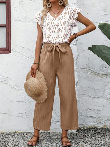 Allover Print Ruffle Trim Blouse & Belted Pants