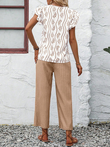 Allover Print Ruffle Trim Blouse & Belted Pants
