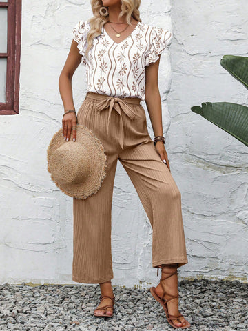 Allover Print Ruffle Trim Blouse & Belted Pants