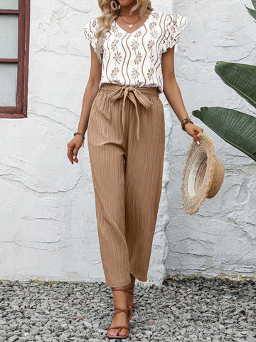 Allover Print Ruffle Trim Blouse & Belted Pants