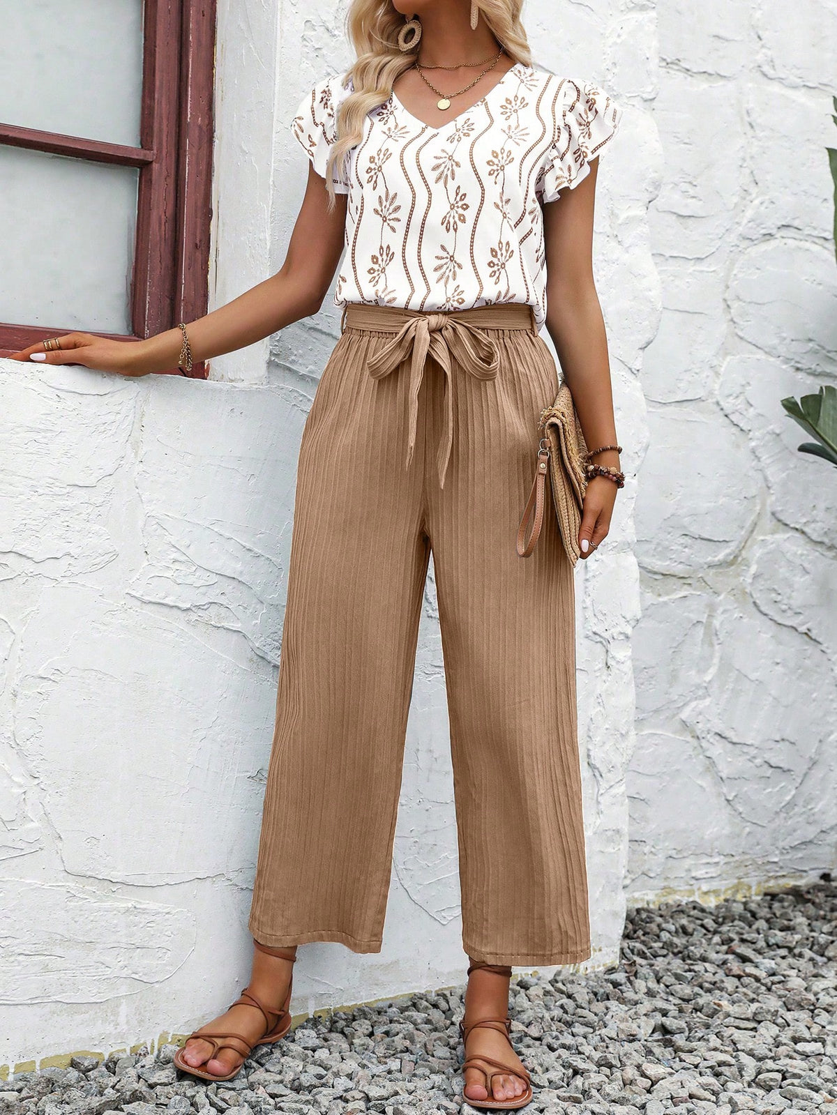 Allover Print Ruffle Trim Blouse & Belted Pants