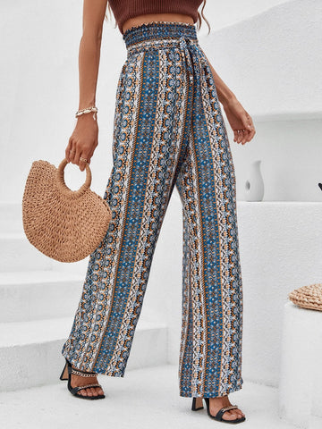 LUNE Allover Print Shirred Waist Wide Leg Pants