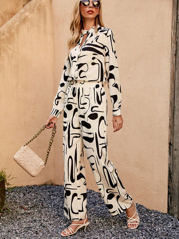 LUNE Allover Print Slant Pocket Wide Leg Pants
