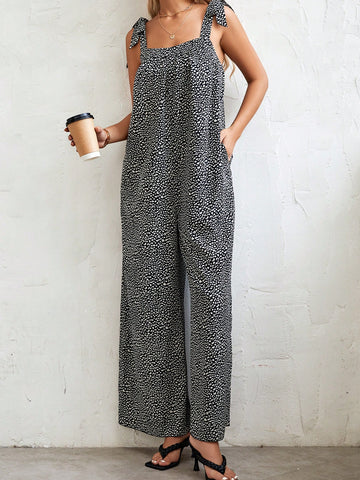 Allover Print Tie Shoulder Wide Leg Jumpsuit