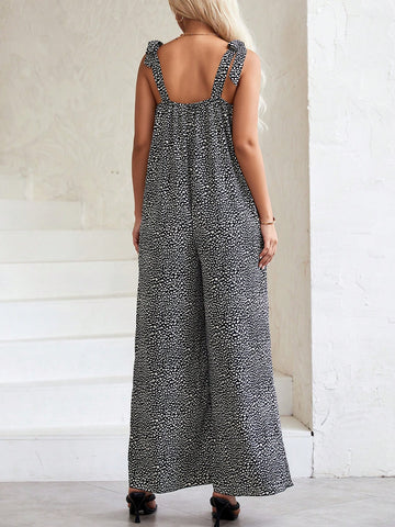 Allover Print Tie Shoulder Wide Leg Jumpsuit