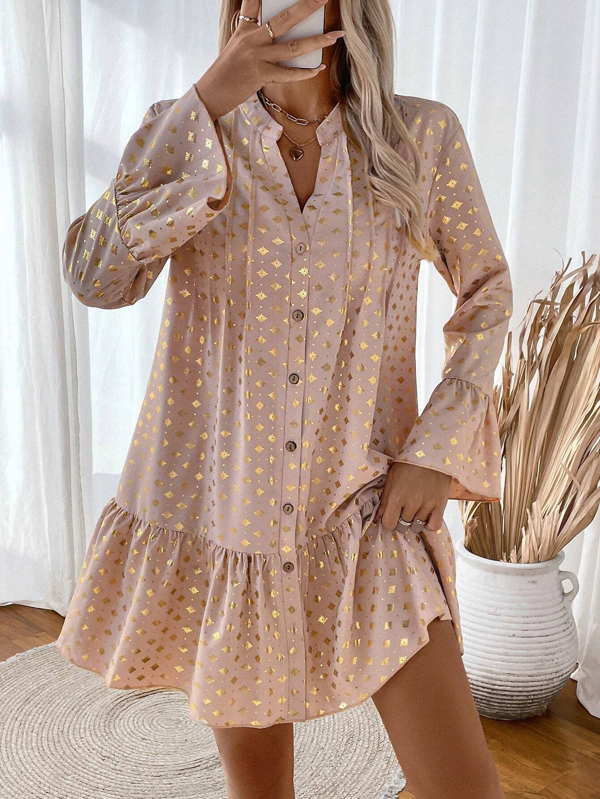 Allover Print V-Neck Ruffle Hem Long Sleeve Dress