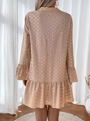 Allover Print V-Neck Ruffle Hem Long Sleeve Dress