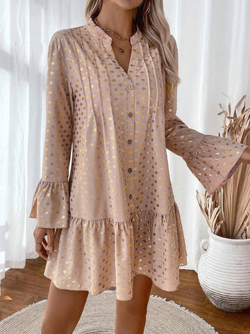 Allover Print V-Neck Ruffle Hem Long Sleeve Dress