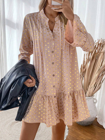 Allover Print V-Neck Ruffle Hem Long Sleeve Dress