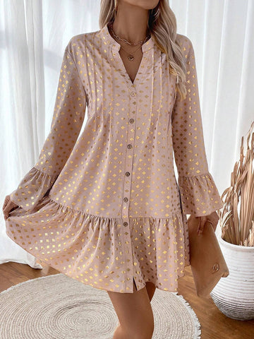 Allover Print V-Neck Ruffle Hem Long Sleeve Dress