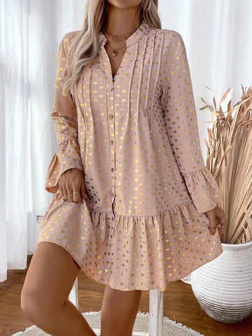 Allover Print V-Neck Ruffle Hem Long Sleeve Dress