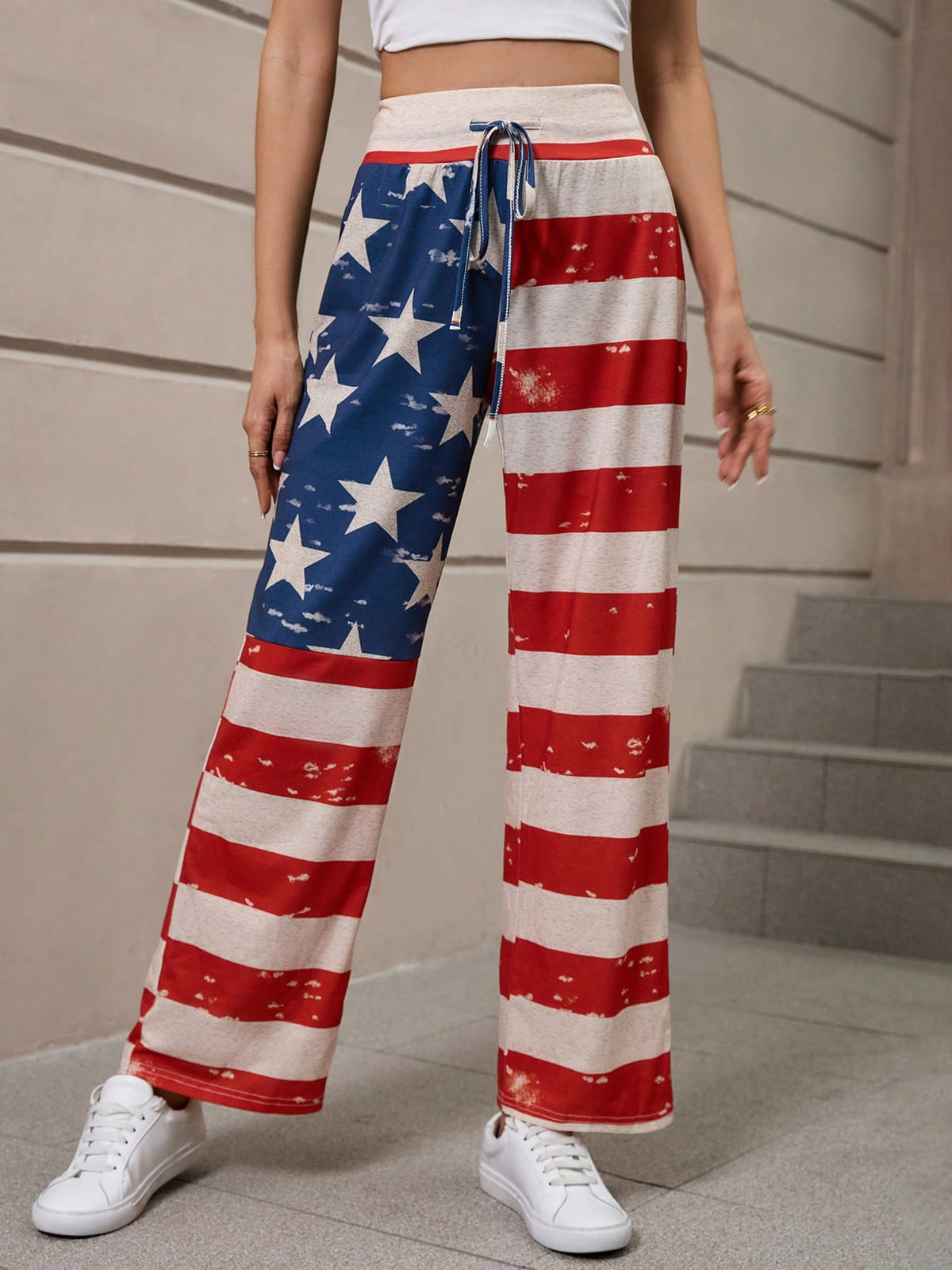 LUNE Americana Print Tie Front Wide Leg Pants