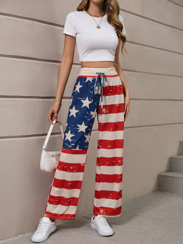 LUNE Americana Print Tie Front Wide Leg Pants