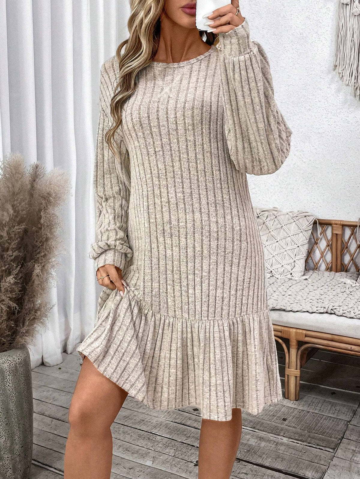 Apricot Casual Women Round Neck Ruffle Trim Long Sleeve Dress