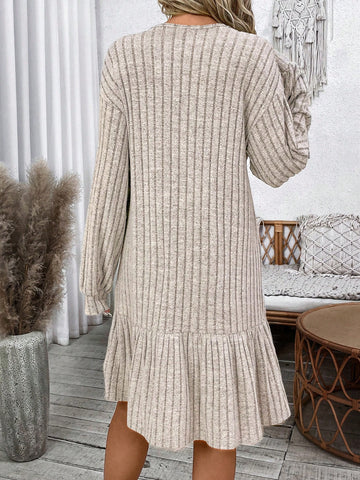 Apricot Casual Women Round Neck Ruffle Trim Long Sleeve Dress