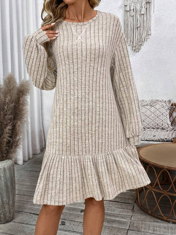 Apricot Casual Women Round Neck Ruffle Trim Long Sleeve Dress