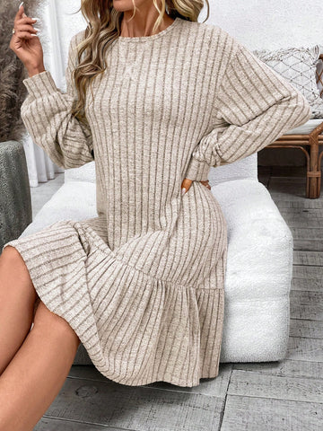Apricot Casual Women Round Neck Ruffle Trim Long Sleeve Dress