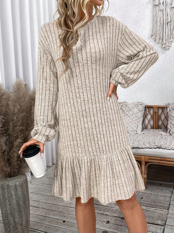 Apricot Casual Women Round Neck Ruffle Trim Long Sleeve Dress