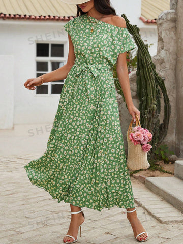 Asymmetric Collar Ruffle Hem Dress With Small Floral Print