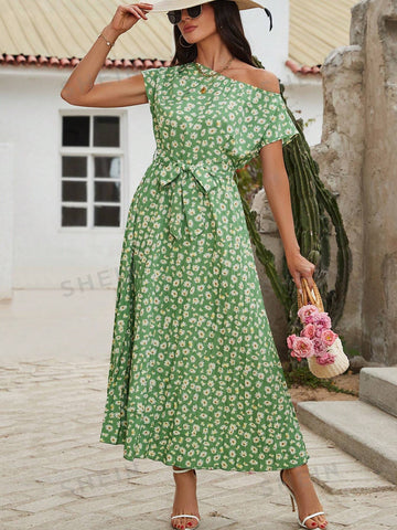 Asymmetric Collar Ruffle Hem Dress With Small Floral Print