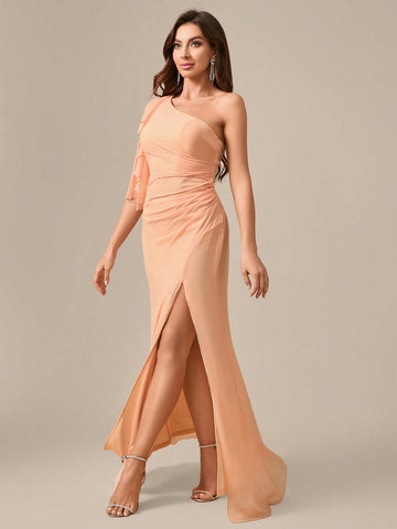 Asymmetric Neckline Solid Color Chiffon Formal Dress With High Slit To Thigh