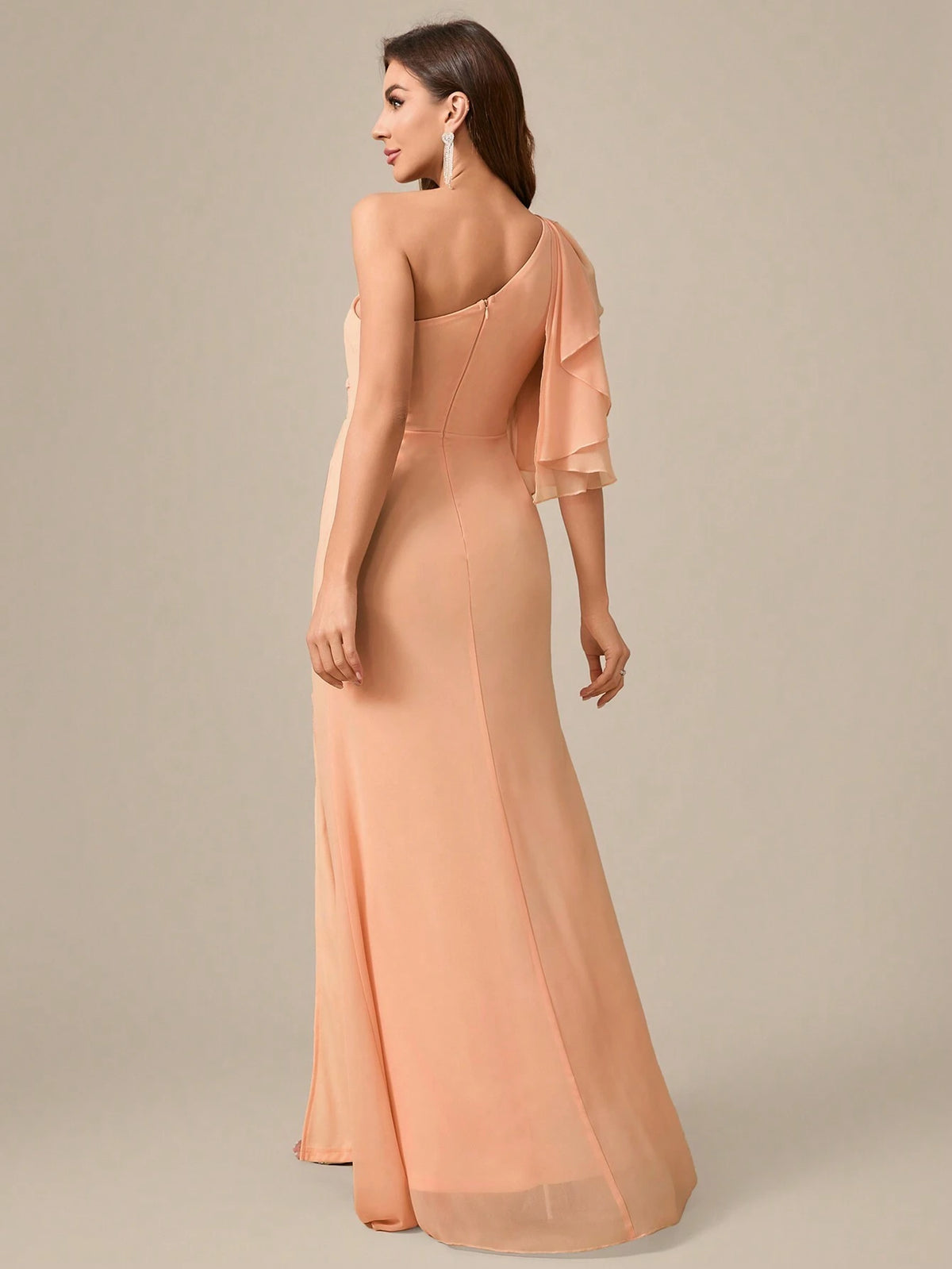 Asymmetric Neckline Solid Color Chiffon Formal Dress With High Slit To Thigh