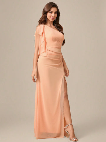 Asymmetric Neckline Solid Color Chiffon Formal Dress With High Slit To Thigh