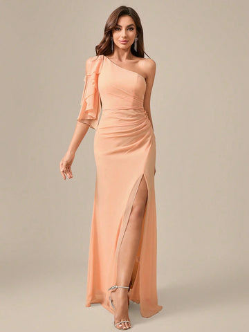 Asymmetric Neckline Solid Color Chiffon Formal Dress With High Slit To Thigh