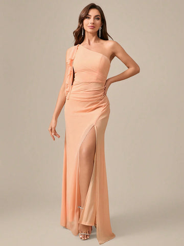 Asymmetric Neckline Solid Color Chiffon Formal Dress With High Slit To Thigh