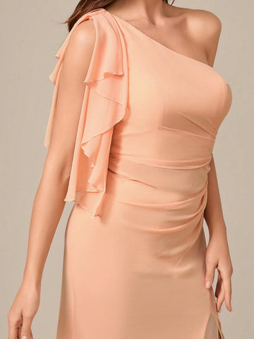 Asymmetric Neckline Solid Color Chiffon Formal Dress With High Slit To Thigh