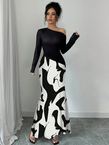 Asymmetrical Neck Form-Fitting Sexy Women Dress