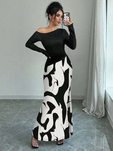 Asymmetrical Neck Form-Fitting Sexy Women Dress