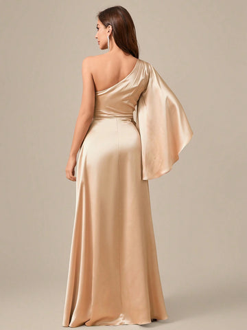 Asymmetrical Neckline Flared Hem Slit Sleeves Long Silk Satin Formal Dress