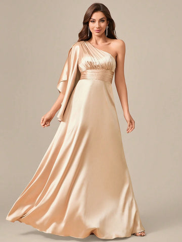 Asymmetrical Neckline Flared Hem Slit Sleeves Long Silk Satin Formal Dress